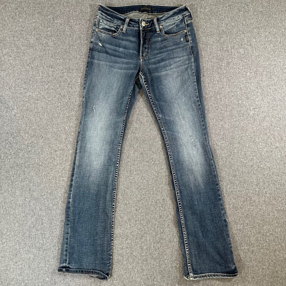 Silver Jeans Co. Elyse Slim Boot Womens W28 L33 Dark Wash Distressed Denim